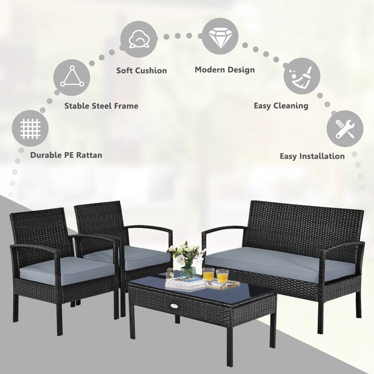 Gymax Patio Garden 4PC Rattan Wicker Furniture Set Black