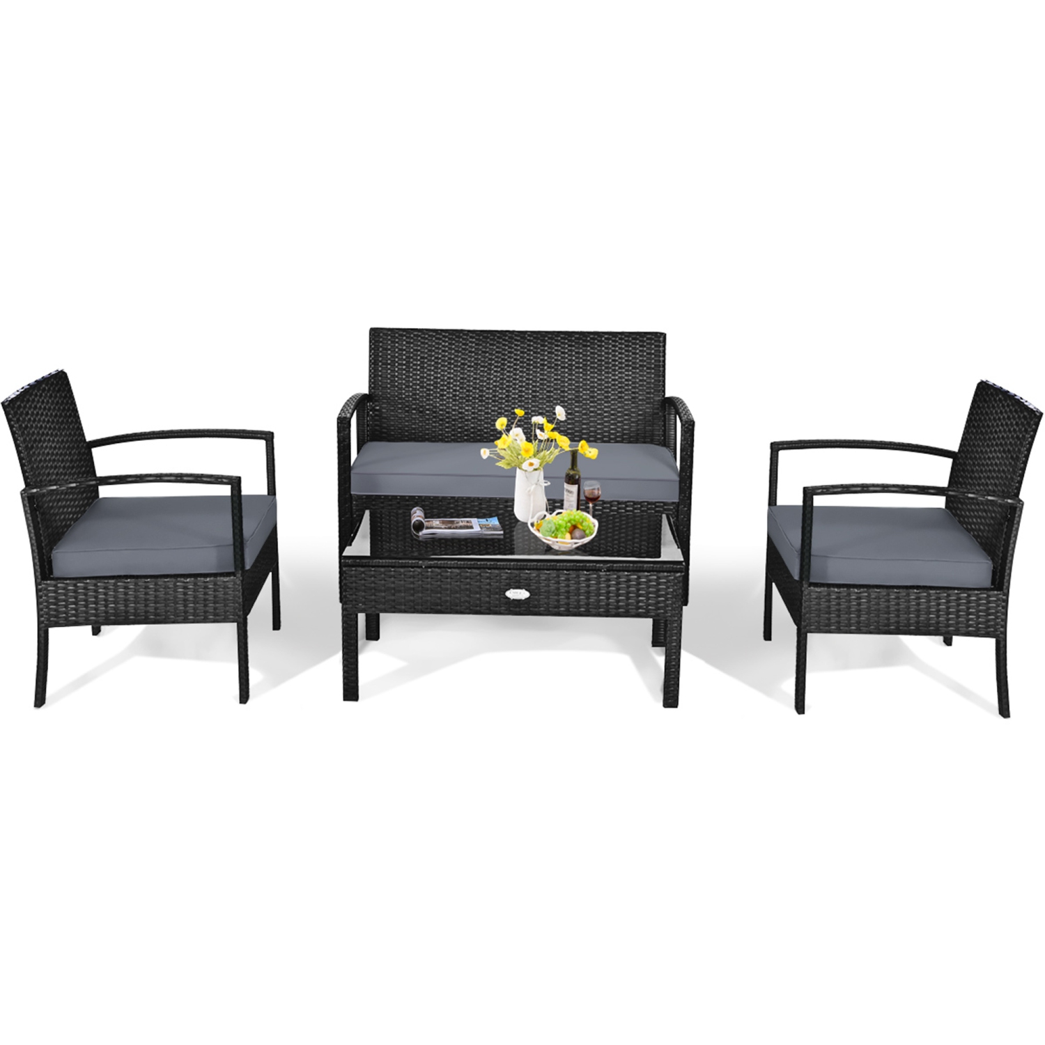 Gymax Patio Garden 4PC Rattan Wicker Furniture Set Black