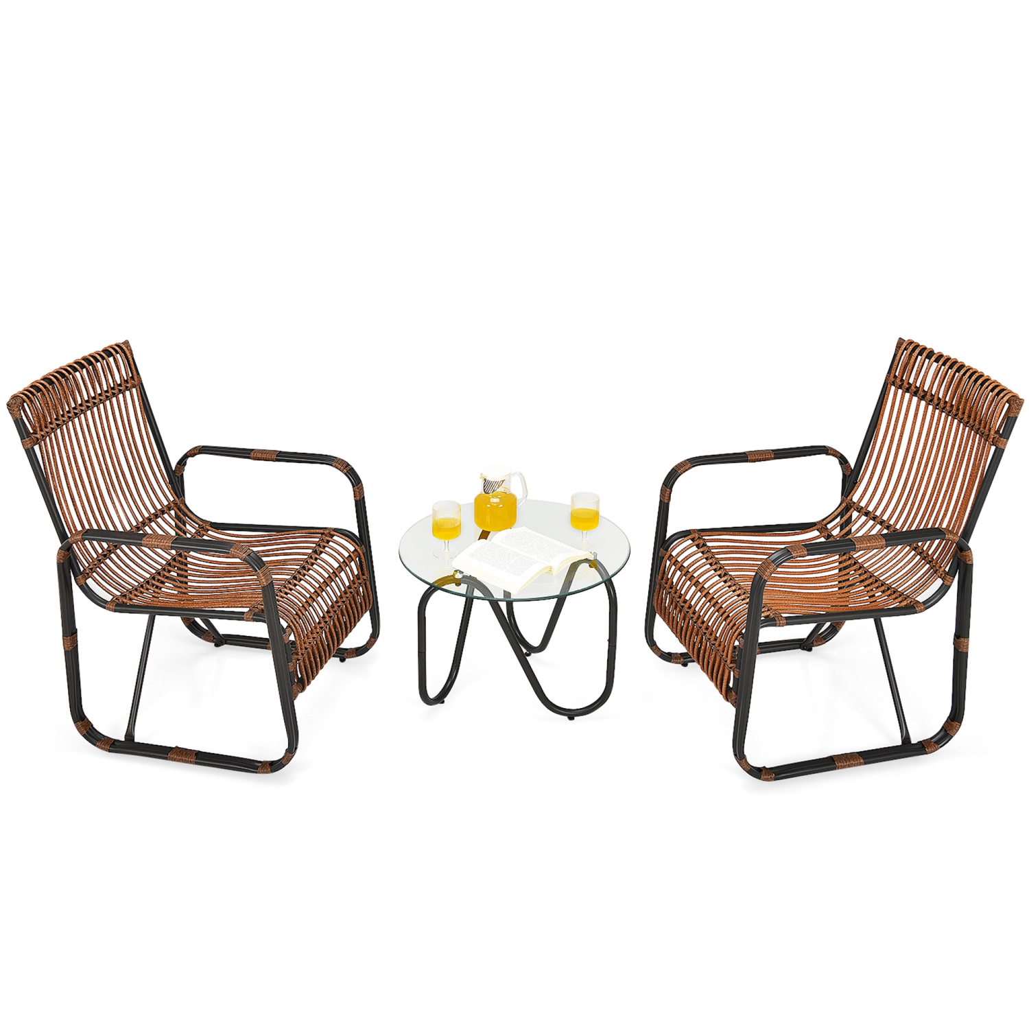 Gymax 3PCS Rattan Patio Conversation Set Bistro Furniture Set w/ Glass Table