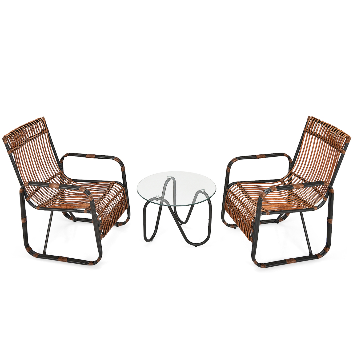 Gymax 3PCS Rattan Patio Conversation Set Bistro Furniture Set w/ Glass Table