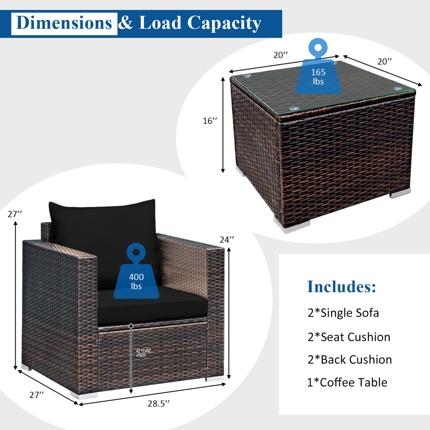 Ensemble de patio de 3 pièces en rotin avec coussins noirs Gymax