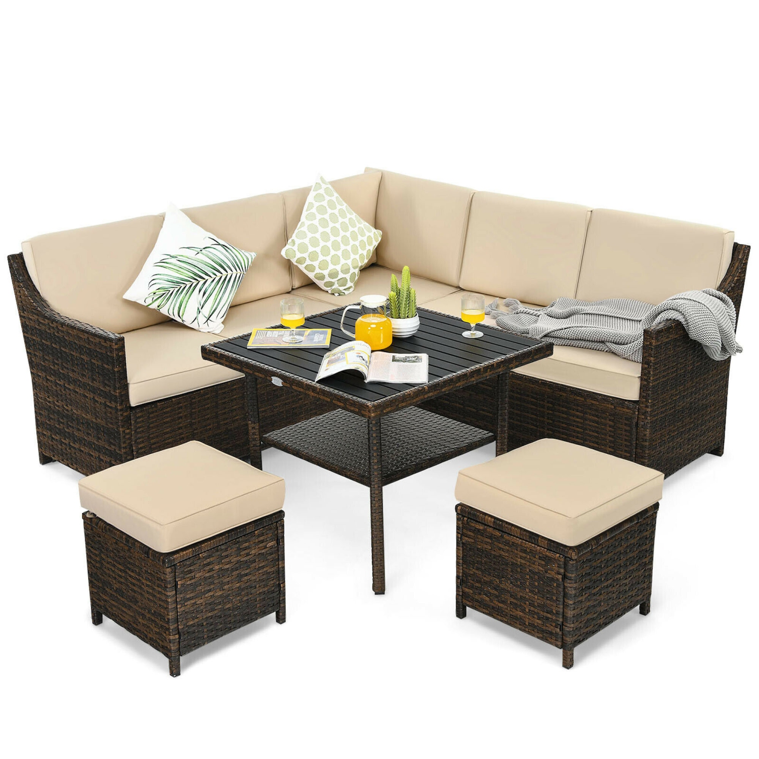 Gymax 6PCS Rattan Patio Sectional Sofa Set Cushioned Conversation Furniture Set