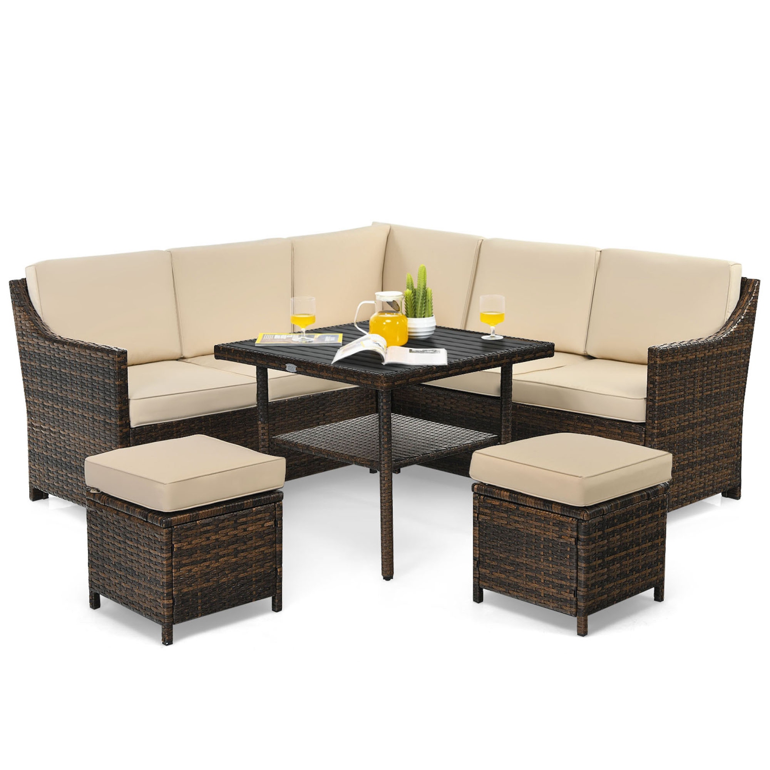 Gymax 6PCS Rattan Patio Sectional Sofa Set Cushioned Conversation Furniture Set