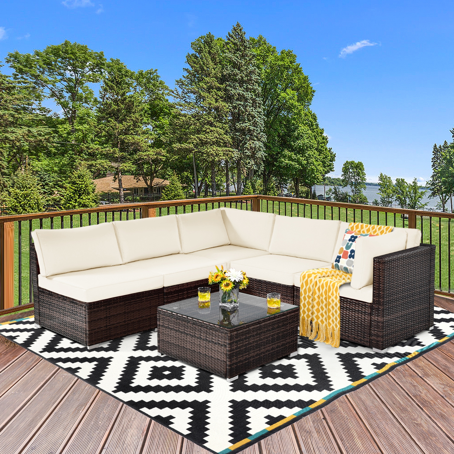 Gymax Ensemble de 6 Pièces deSalon de Jardin en Rotin avec Coussins Blancs