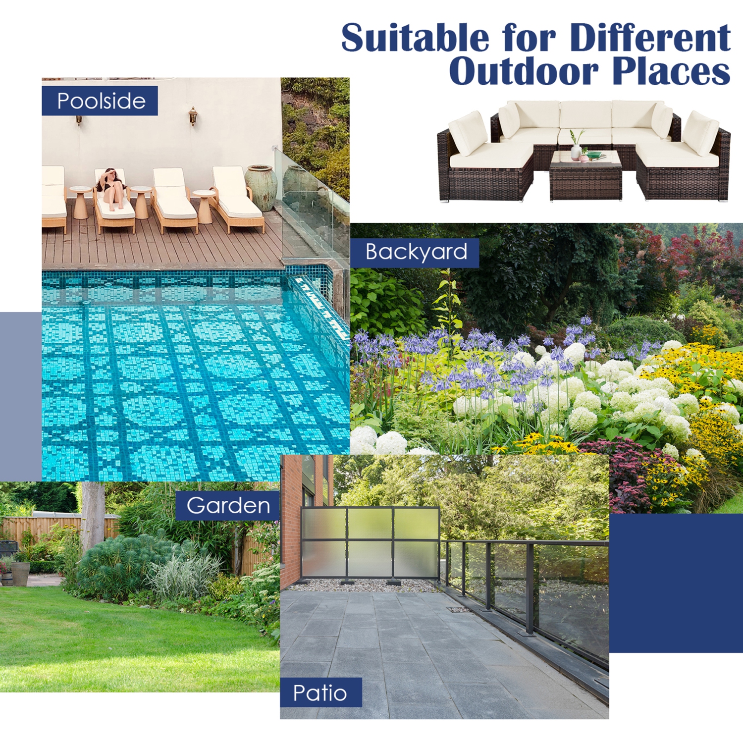 Gymax Ensemble de 6 Pièces deSalon de Jardin en Rotin avec Coussins Blancs