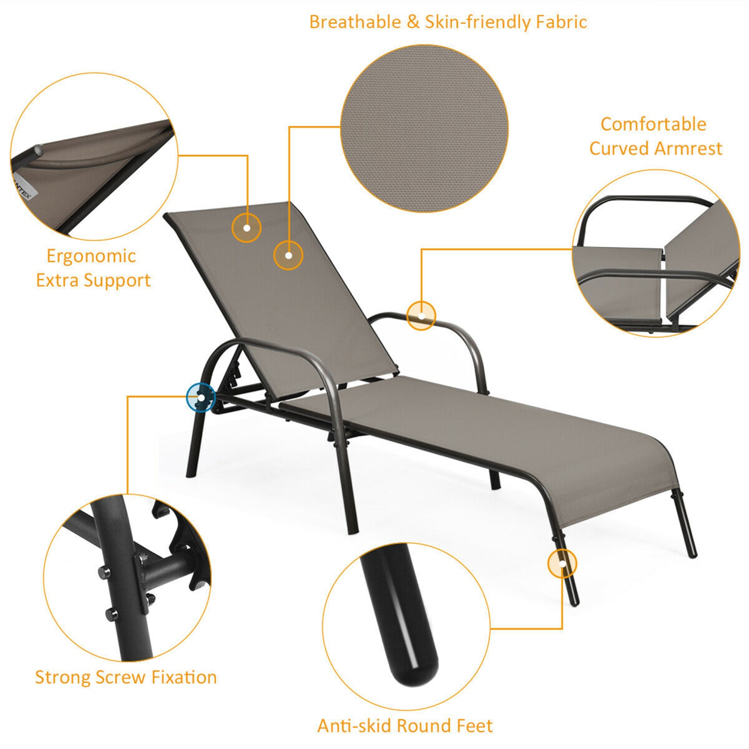 Gymax 2PCS Adjustable Chaise Lounge Chair Recliner Patio Yard Outdoor w/ Armrest Brown