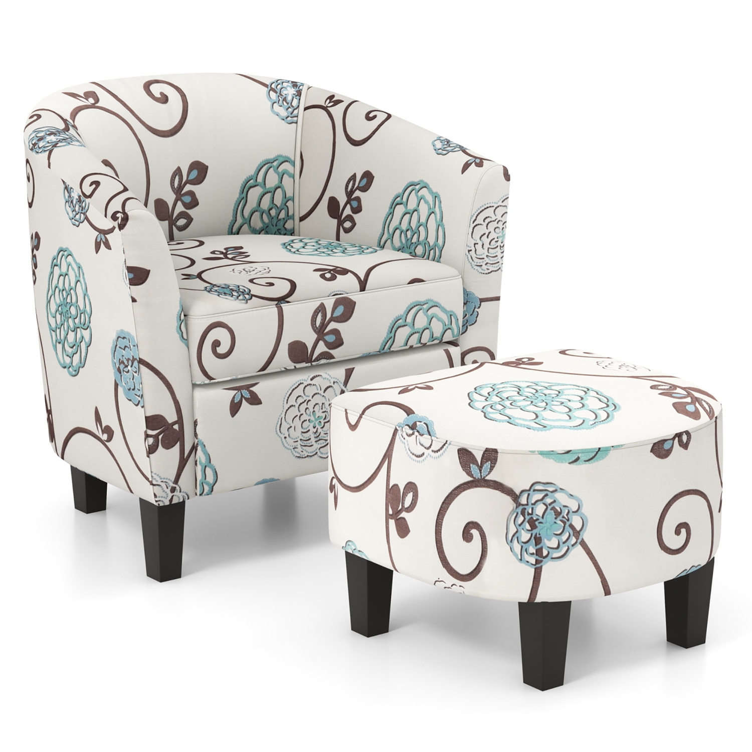 Gymax Modern Accent Tub Chair&Ottoman Set Fabric Upholstered Club Chair Grey Floral