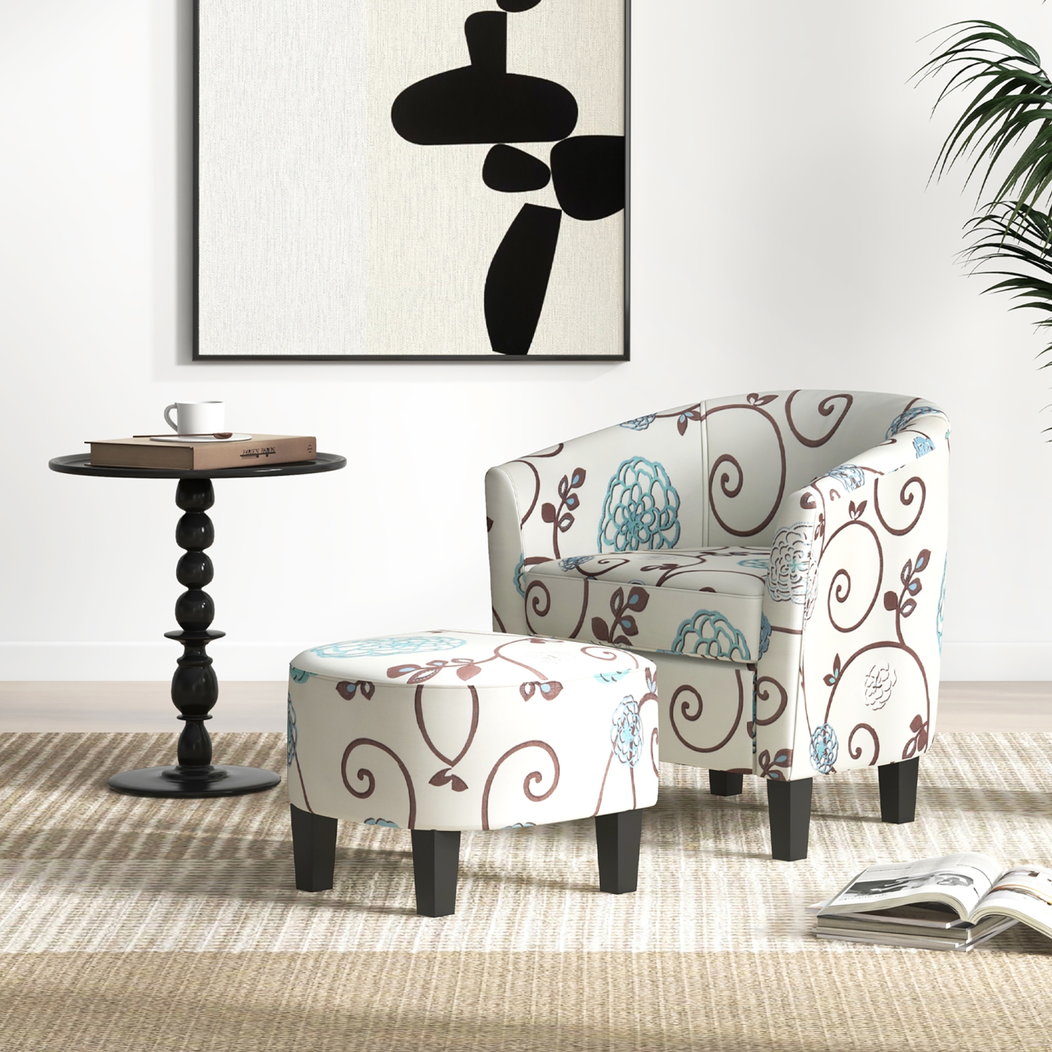 Gymax Modern Accent Tub Chair&Ottoman Set Fabric Upholstered Club Chair Grey Floral