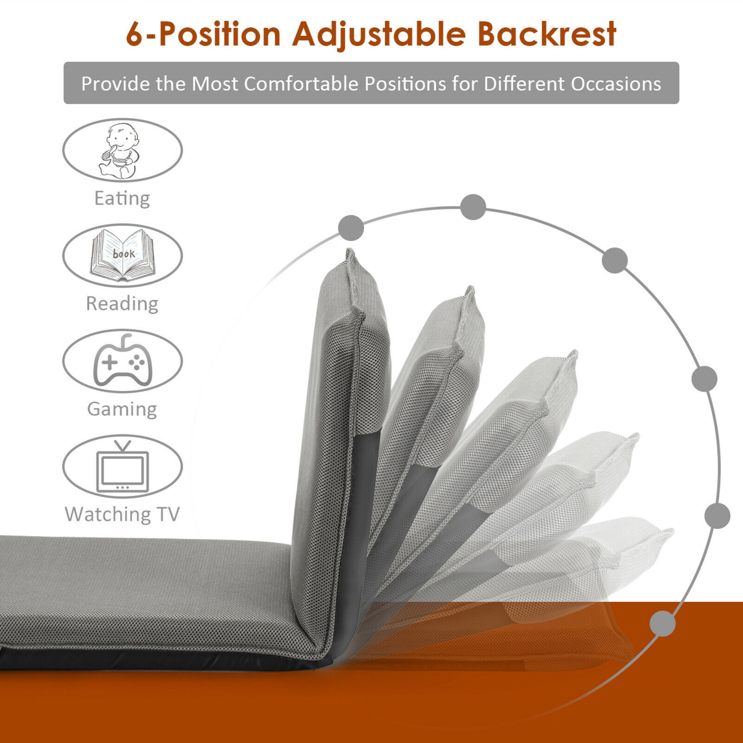 Gymax Adjustable 6-Position Floor Chair Padded Folding Lazy Sofa Chair Grey