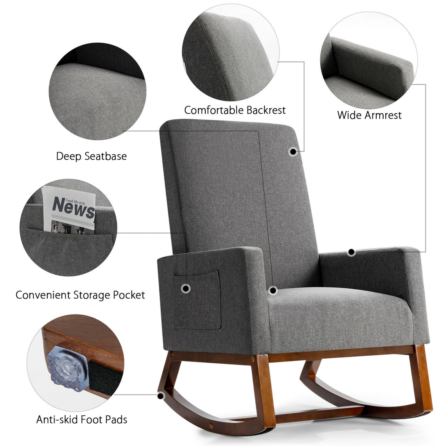Gymax Rocking Chair High Back Upholstered Lounge Armchair w/ Side Pocket