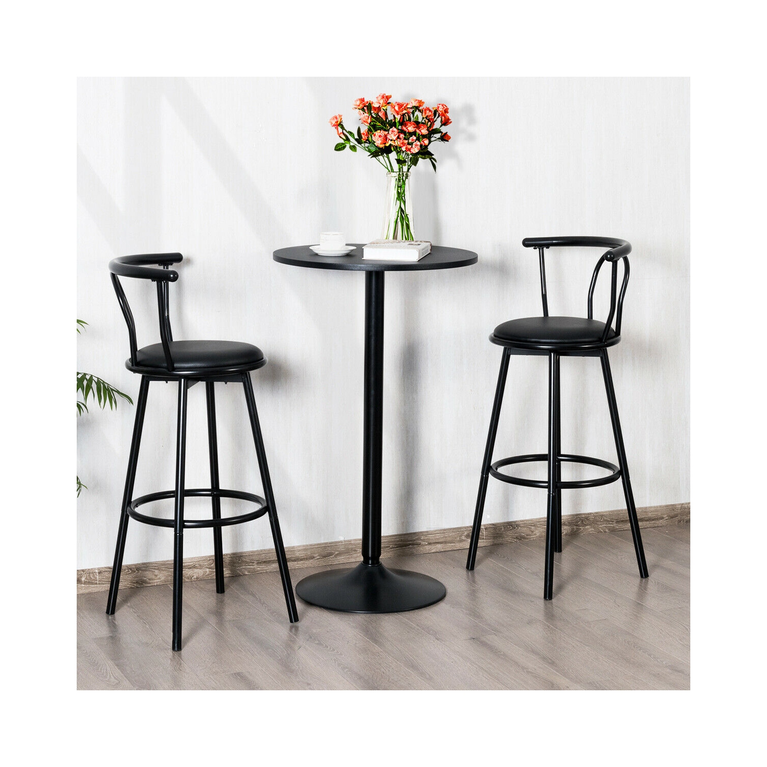 Gymax Set of 2 Round Pub Table 24" Bistro Bar Height Cocktail Table w/Metal Base Black