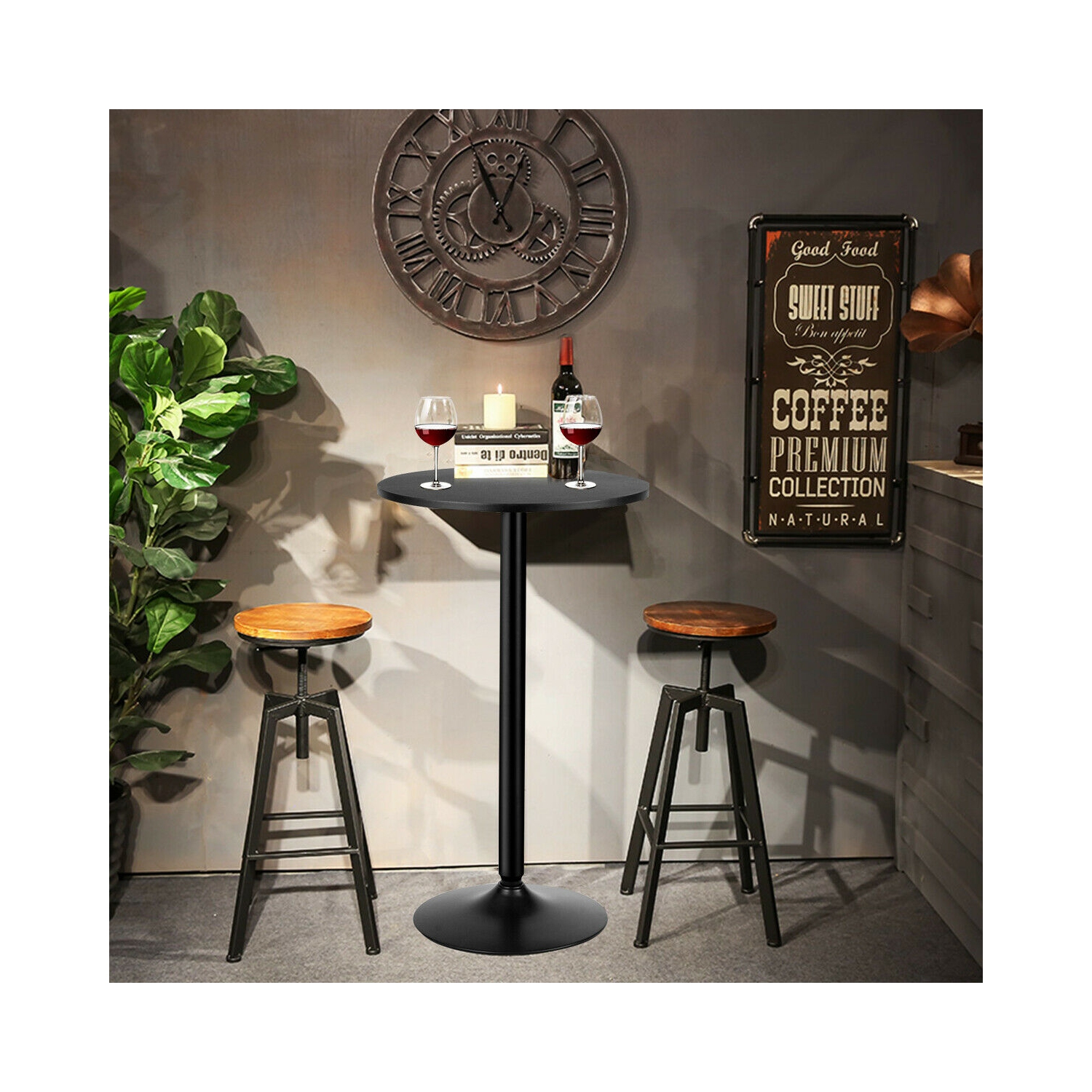 Gymax Set of 2 Round Pub Table 24" Bistro Bar Height Cocktail Table w/Metal Base Black