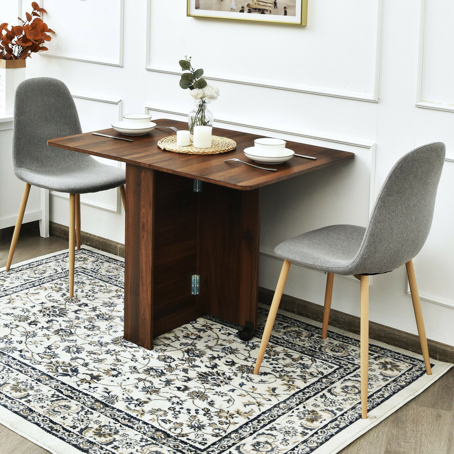 Gymax 5pcs Dining Table Set Folding Drop Leaf Table and 4 Chairs Space Saving