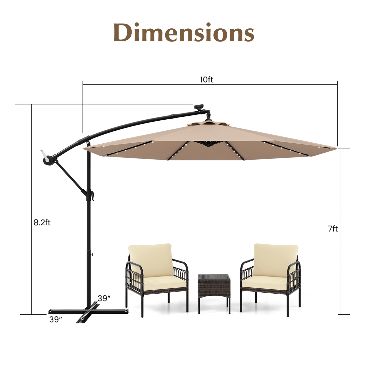 Gymax 10ft Solar Patio Umbrella Outdoor Offset Hanging Umbrella w/ 40 LED Lights