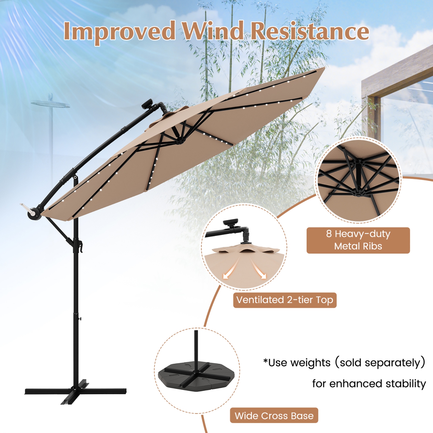 Gymax 10ft Solar Patio Umbrella Outdoor Offset Hanging Umbrella w/ 40 LED Lights