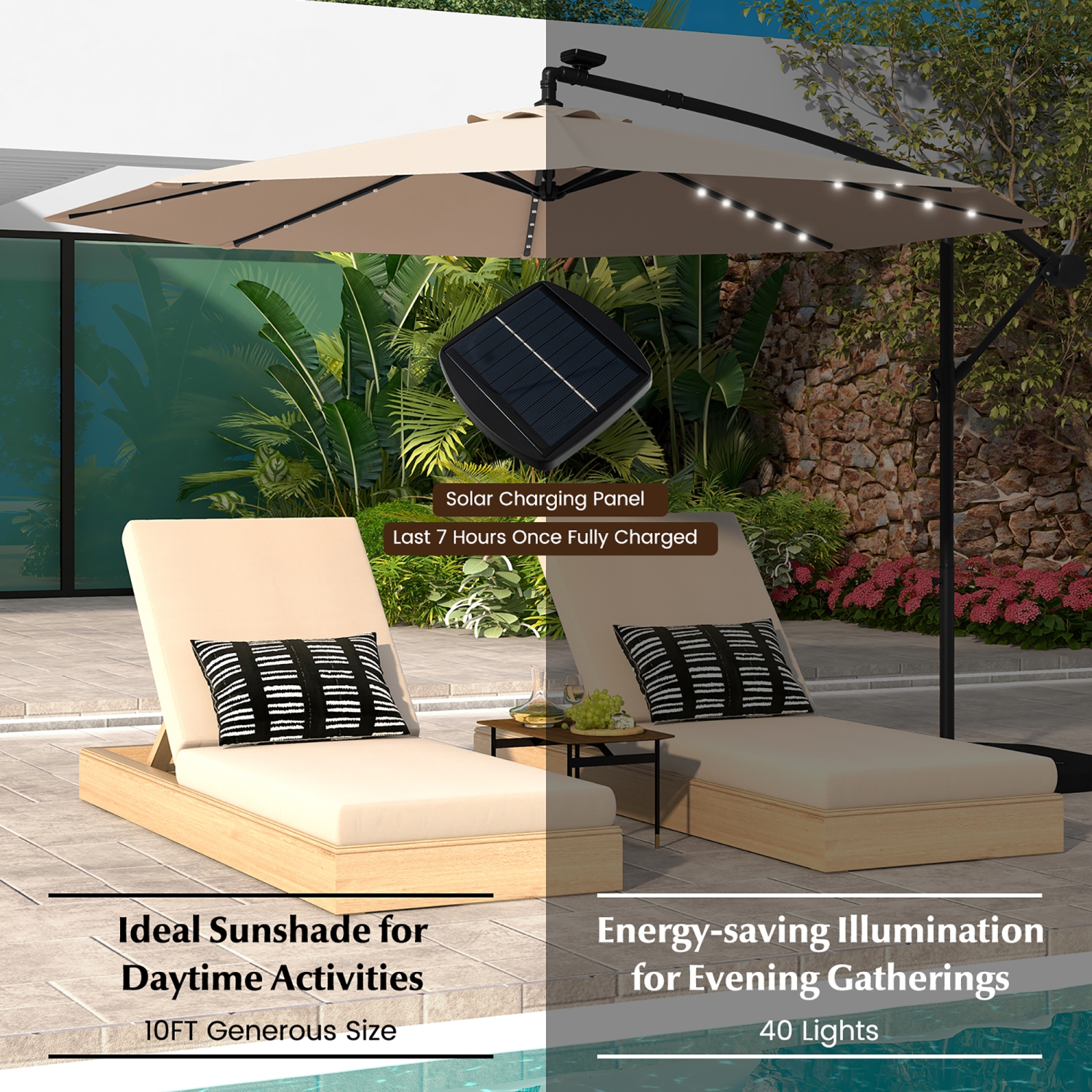 Gymax 10ft Solar Patio Umbrella Outdoor Offset Hanging Umbrella w/ 40 LED Lights