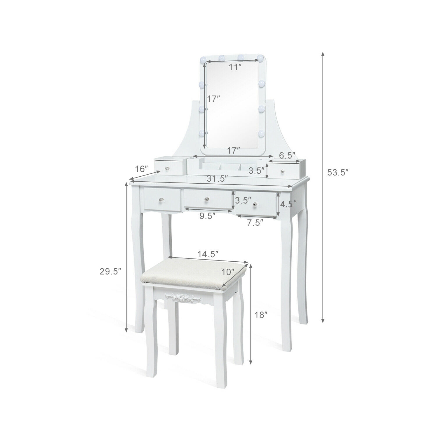 Gymax Vanity Dressing Table Set w/Removable Box &10 Dimmable Bulbs Touch Switch White