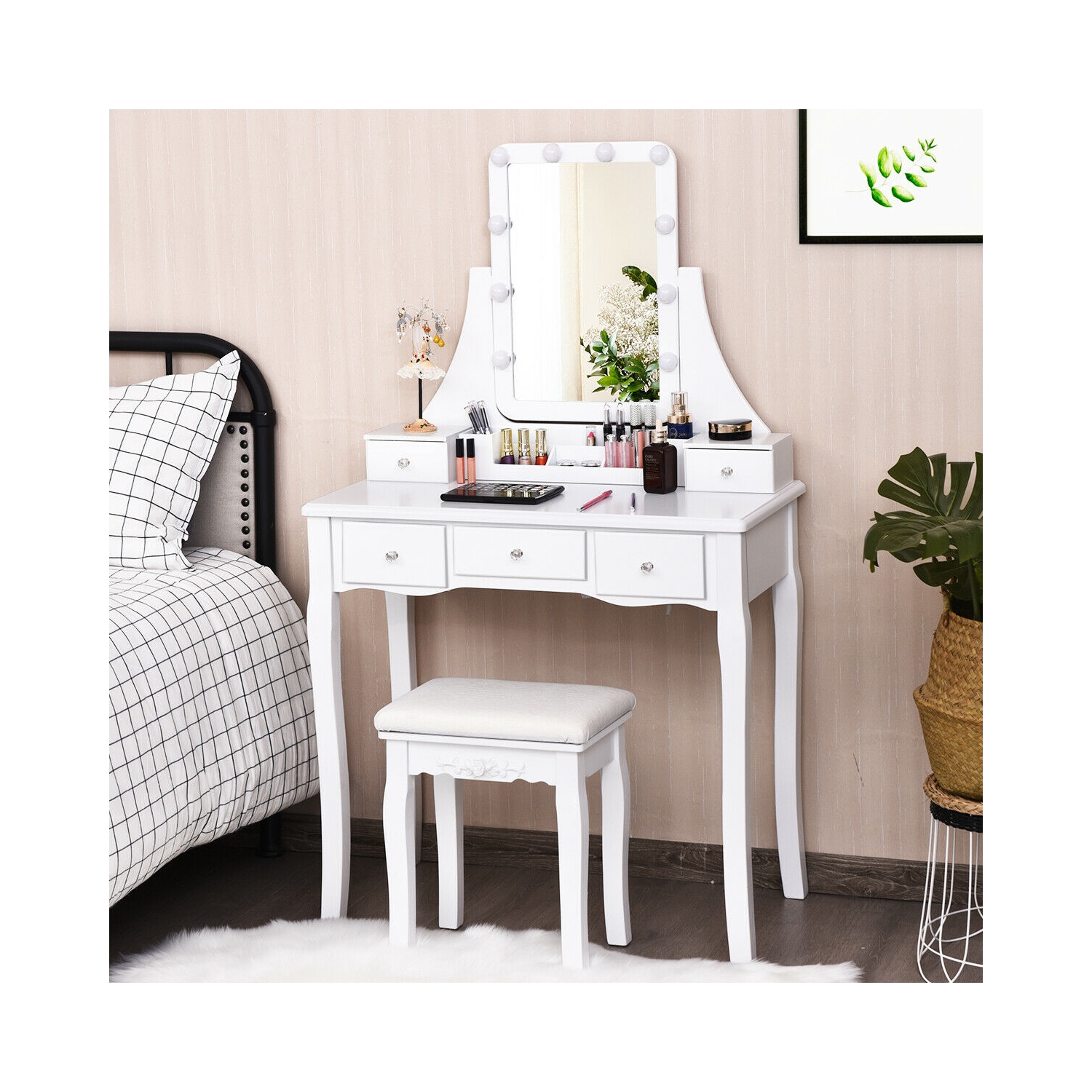 Gymax Vanity Dressing Table Set w/Removable Box &10 Dimmable Bulbs Touch Switch White