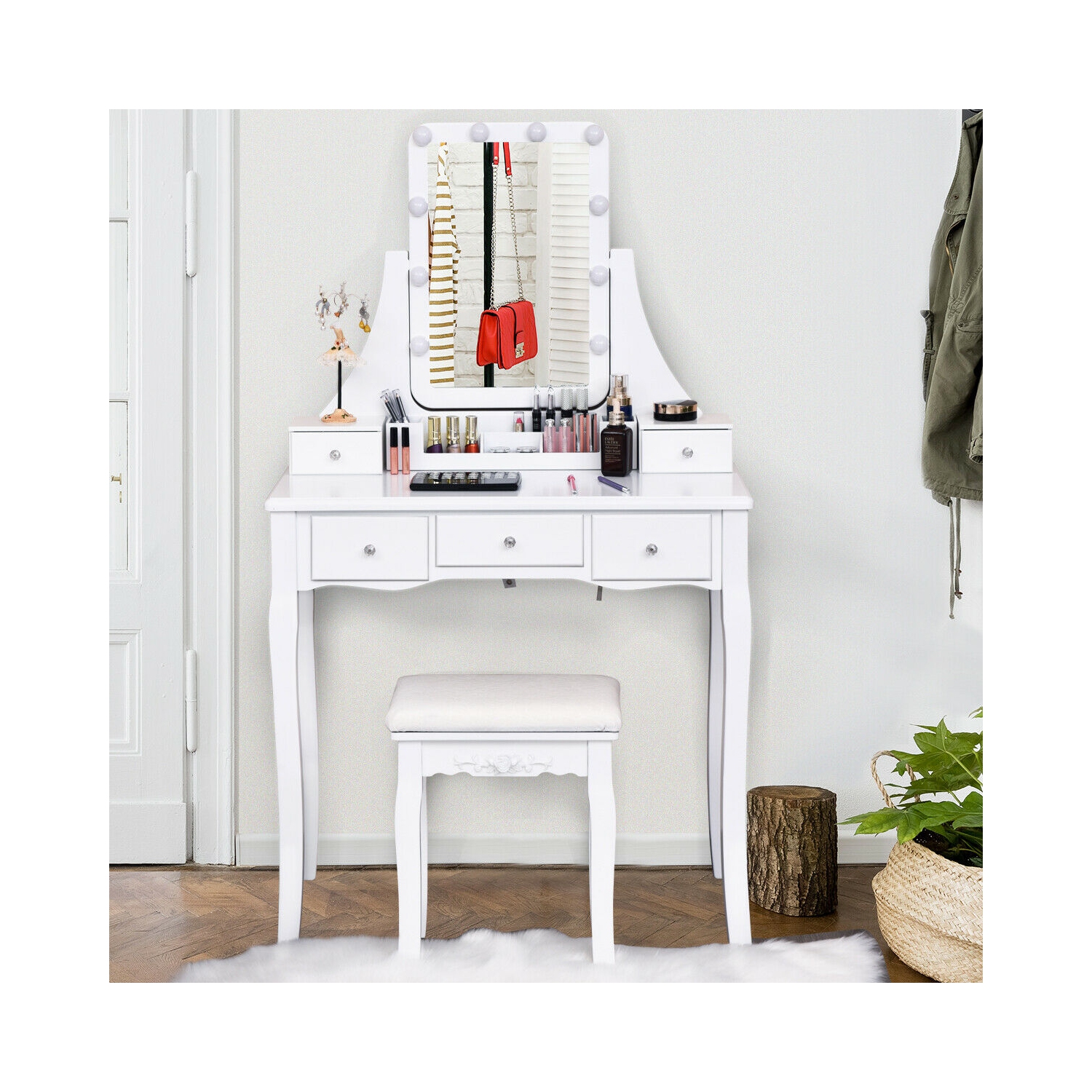 Gymax Vanity Dressing Table Set w/Removable Box &10 Dimmable Bulbs Touch Switch White