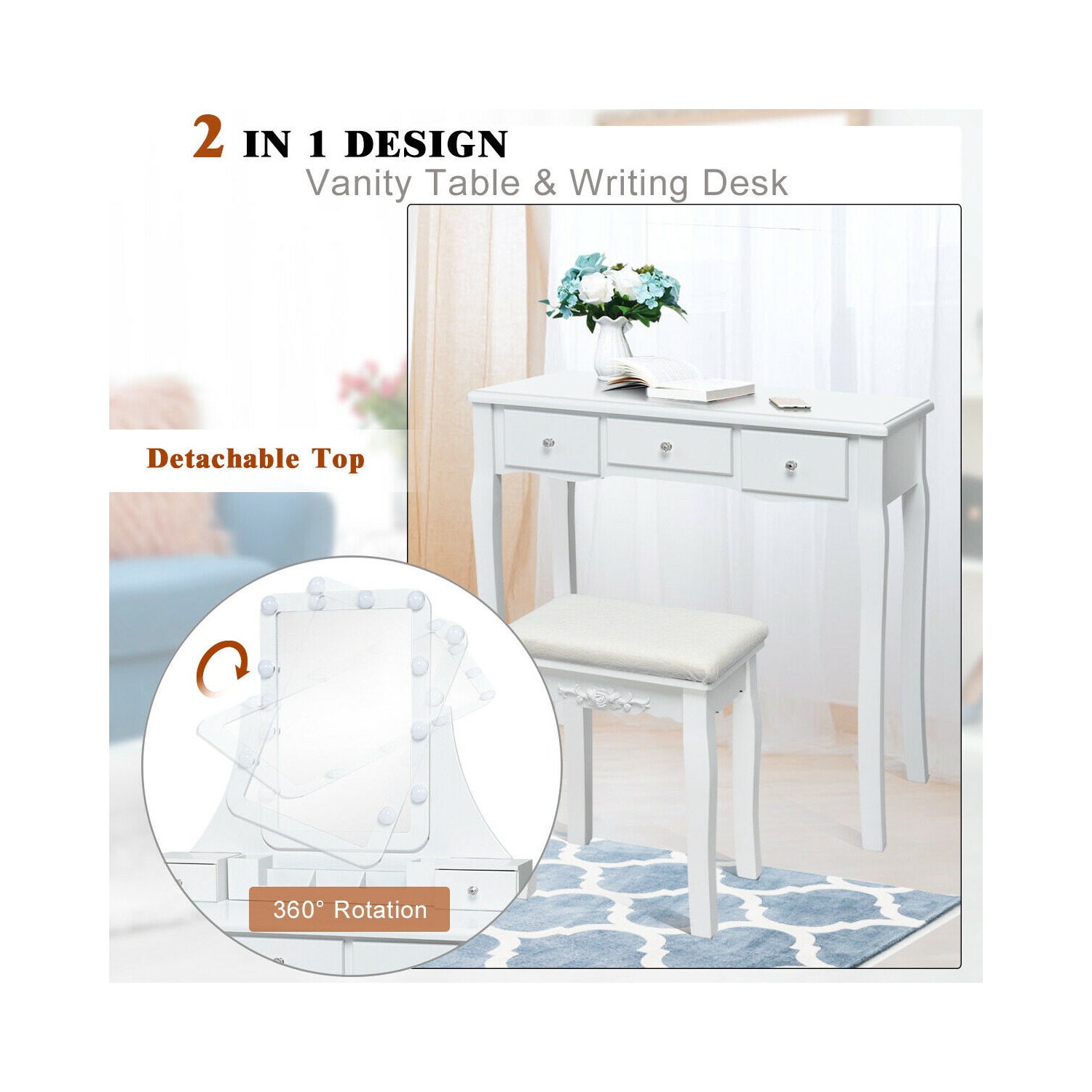 Gymax Vanity Dressing Table Set w/Removable Box &10 Dimmable Bulbs Touch Switch White