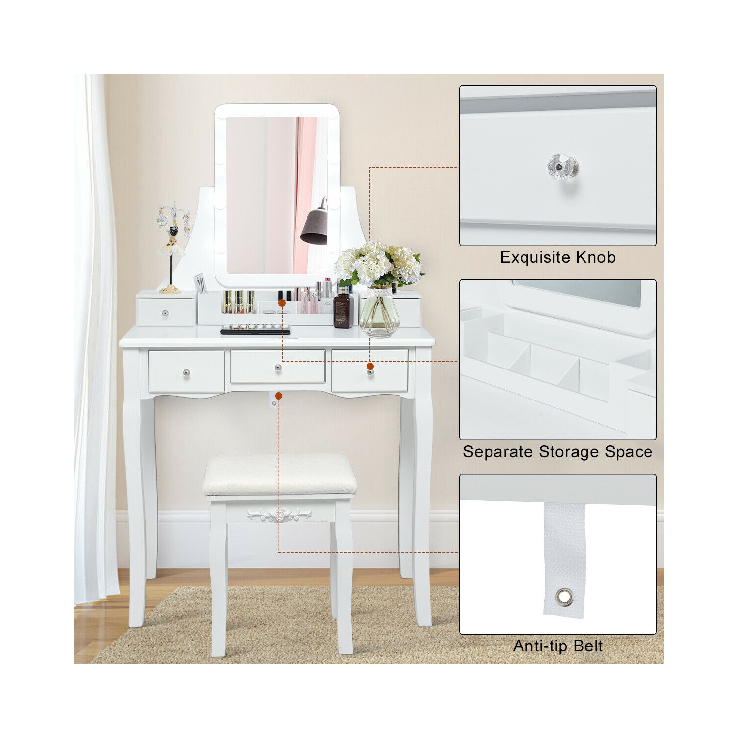 Gymax Vanity Dressing Table Set w/Removable Box &10 Dimmable Bulbs Touch Switch White