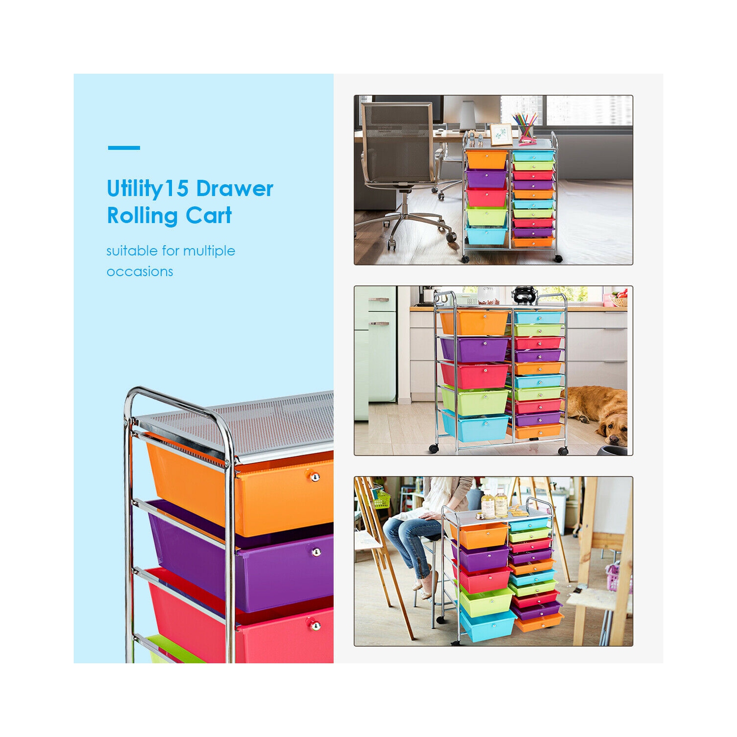Gymax 15 Drawer Rolling Storage Cart Opaque Multicolor Drawers Home