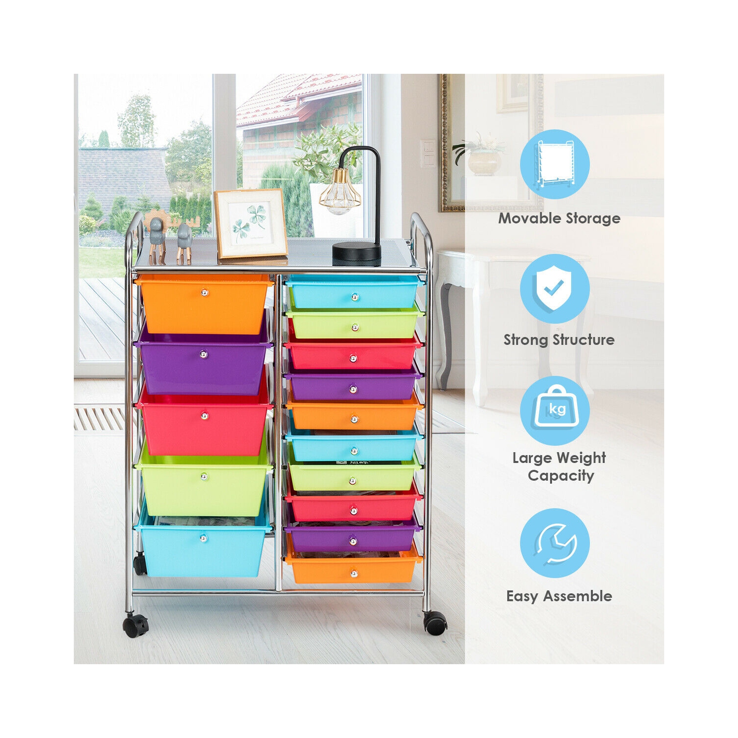 Gymax 15 Drawer Rolling Storage Cart Opaque Multicolor Drawers Home