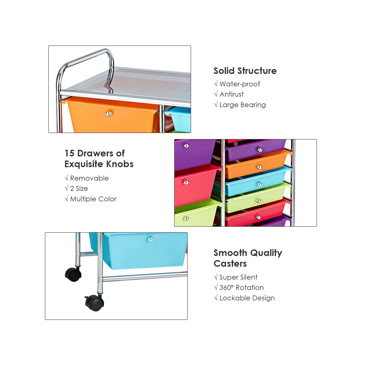 Gymax 15 Drawer Rolling Storage Cart Opaque Multicolor Drawers Home