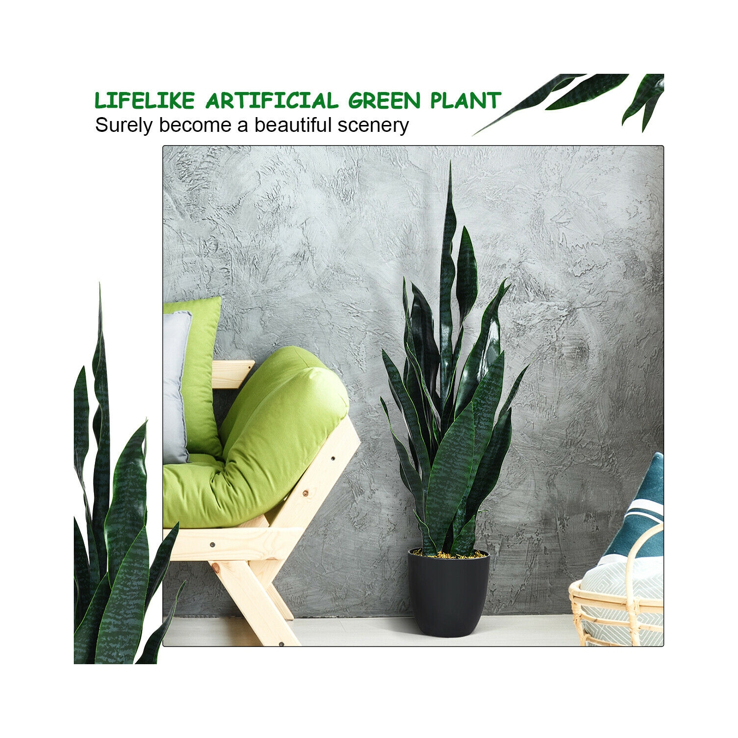 Gymax Artificial Snake Plant 35.5" Fake Sansevieria Indoor-Outdoor Decoration Green