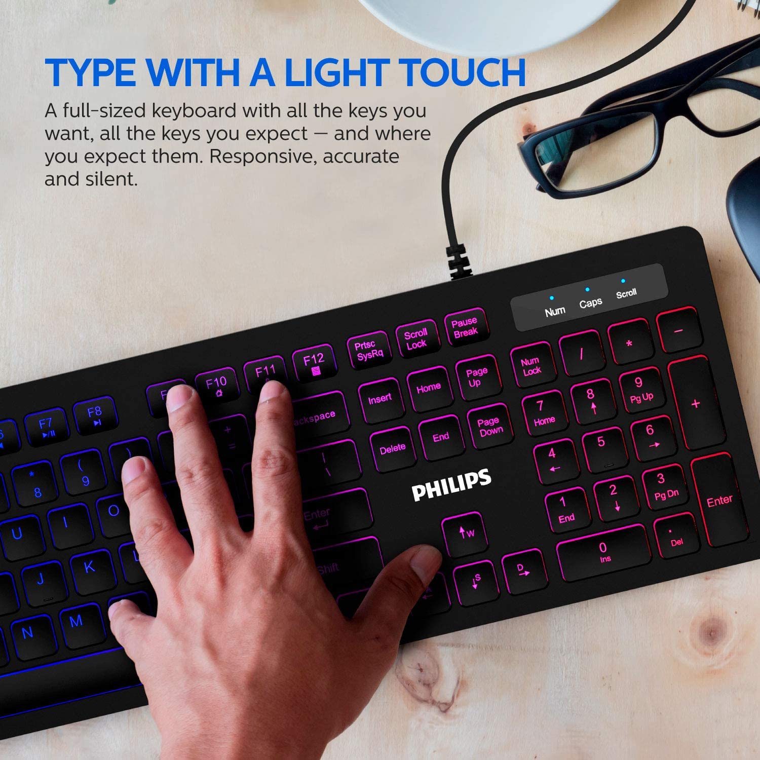 PHILIPS Compact Wired Keyboard | Ultra-Slim Low-Profile Chiclet PC Keyboard | Quiet & Illuminated with Anti-Aliasing, N-Key Rollover, Win-Lock