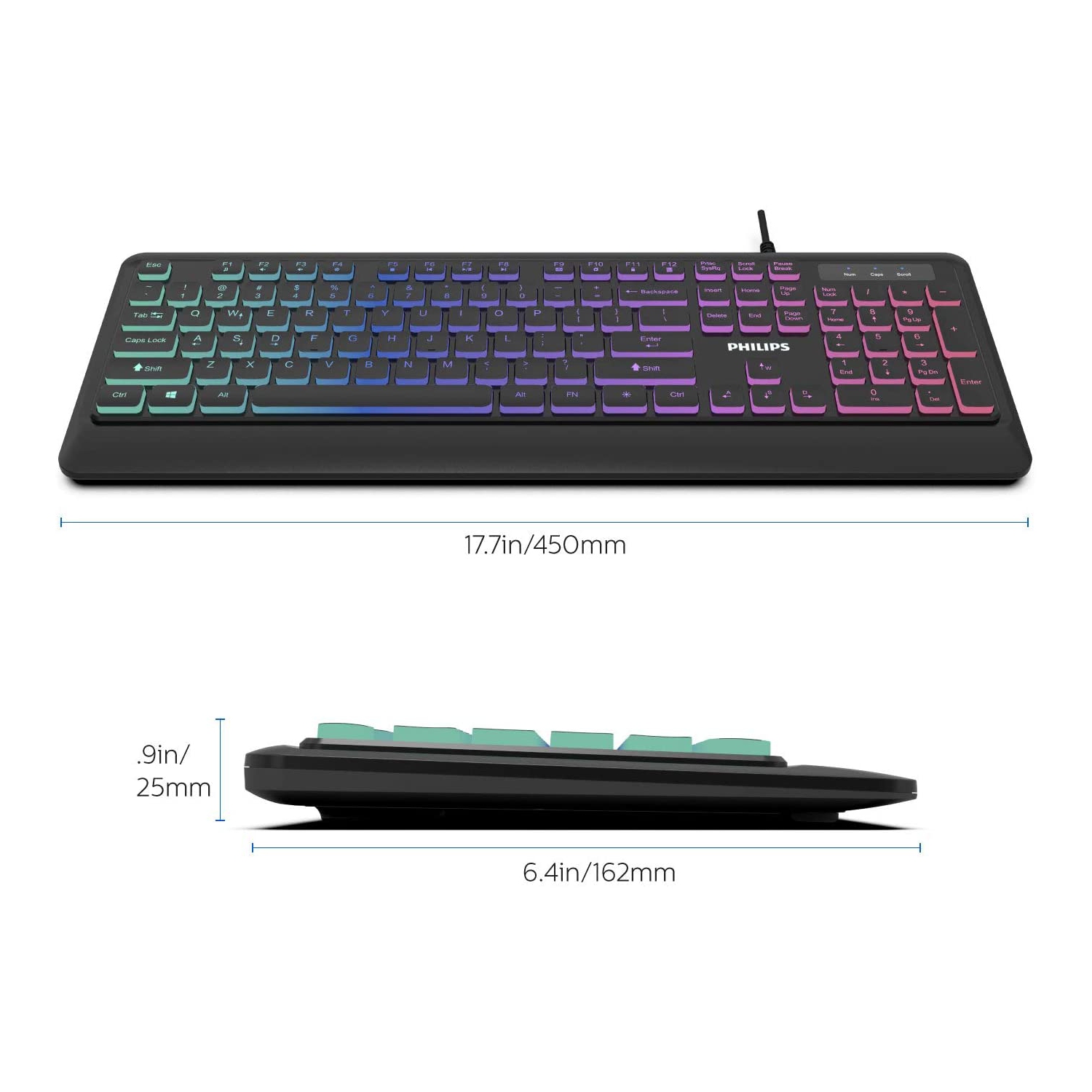 Clavier USB ultramince DE PHILIPS | clavier filaire pleine grandeur à profil bas pour PC | touches minces RVB à touches minces | anticrénelage,