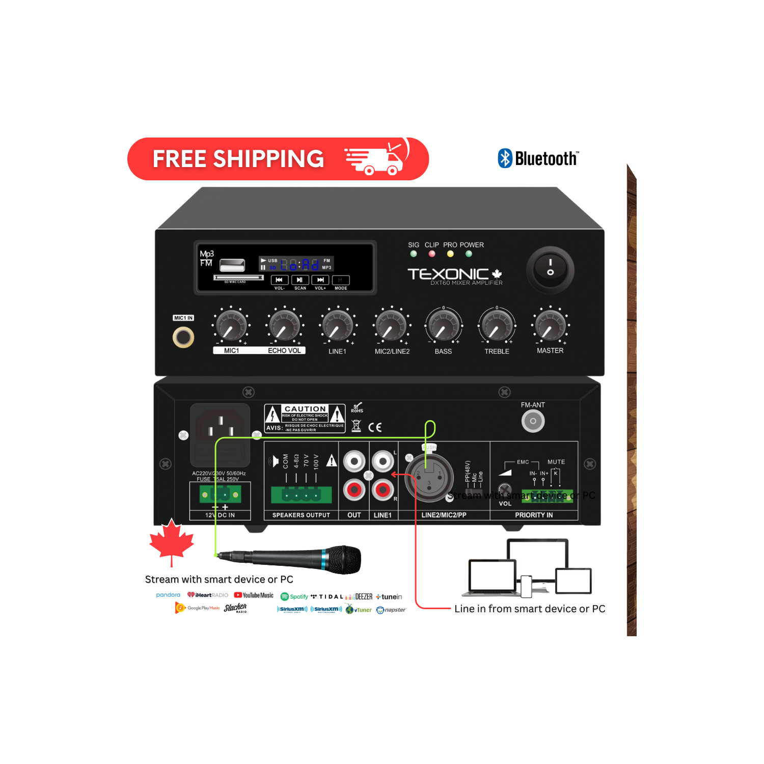 Amplificateur de musique commercial 60&nbsp;W | Syntoniseur MP3 et FM Bluetooth