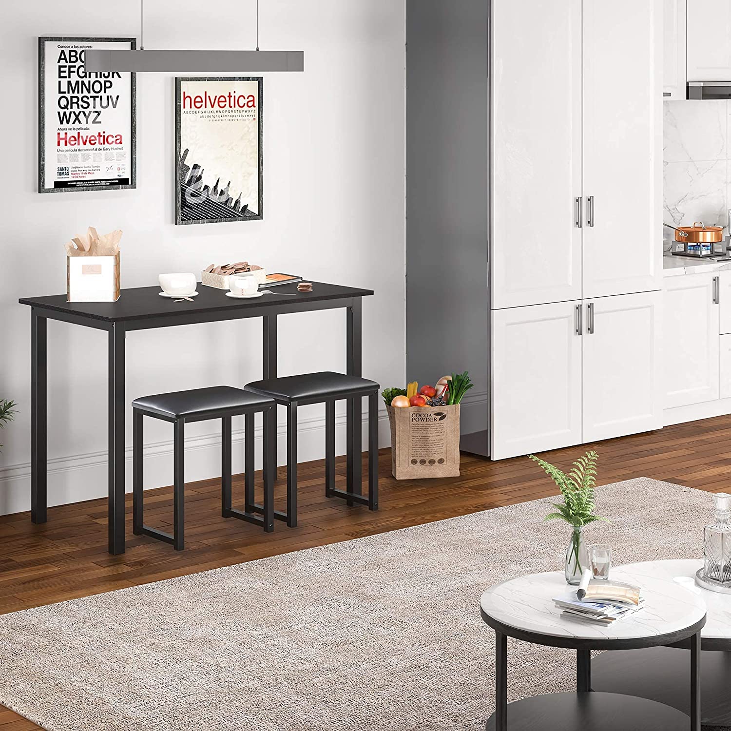 Homury Kitchen Dining Table Set with Padded Stools, Small Dining Table and Chairs Set of 3, Metal Frame Dinette Set for Small Spaces,HDT109005WR