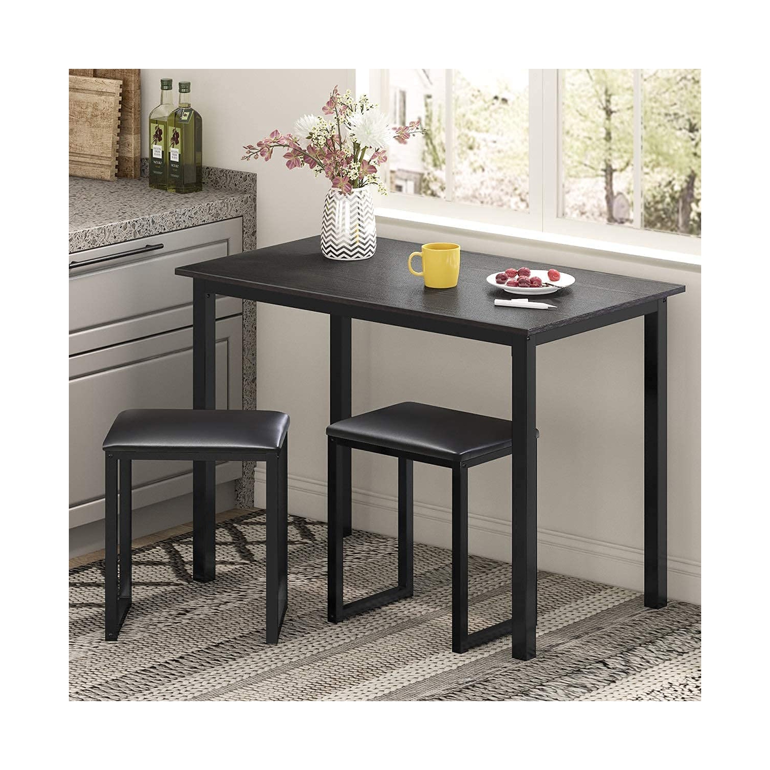 Homury Kitchen Dining Table Set with Padded Stools, Small Dining Table and Chairs Set of 3, Metal Frame Dinette Set for Small Spaces,HDT109005WR