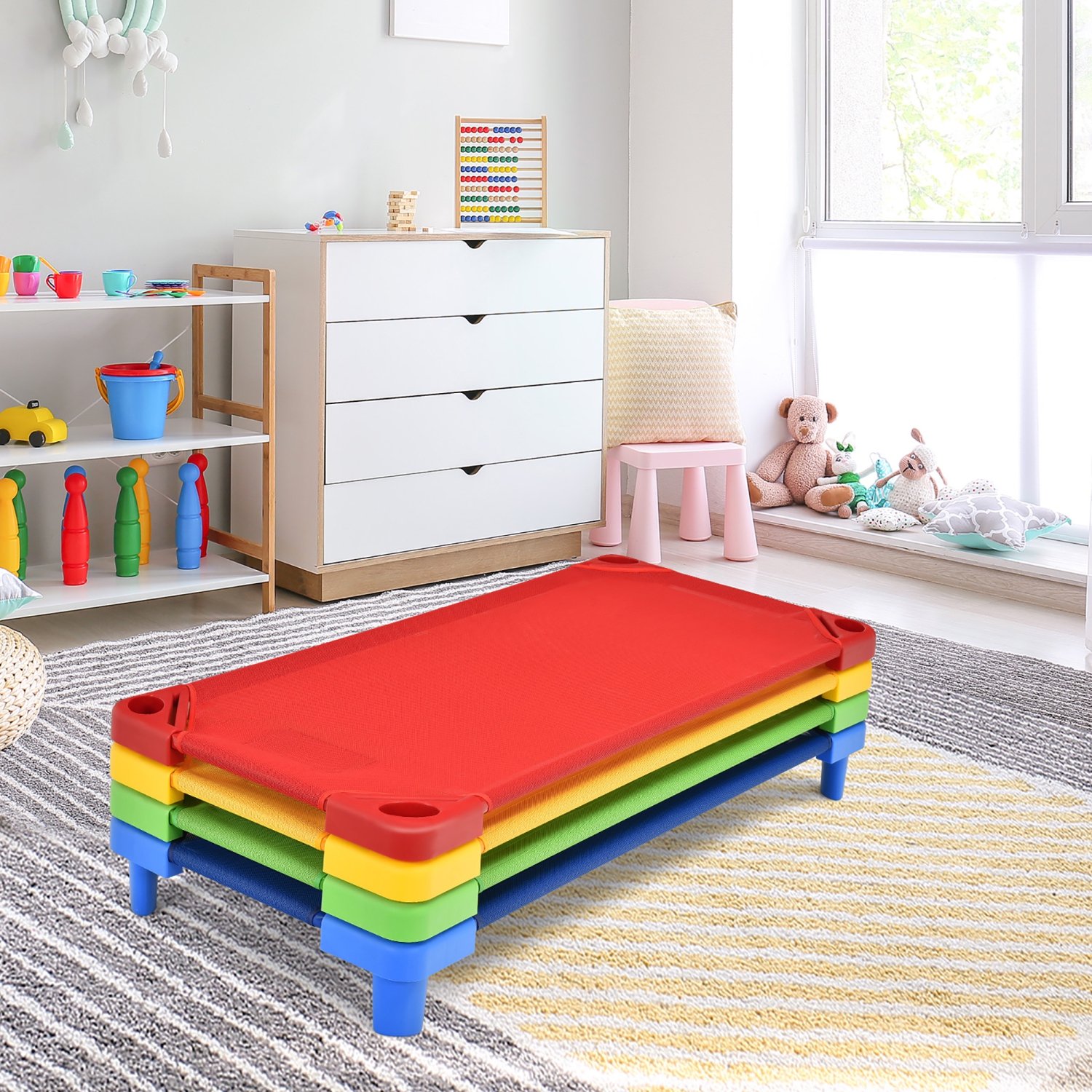 Costway Pack of 4 Kids Stackable Naptime Cot 51''Lx23''W Daycare Rest Mat Colorful