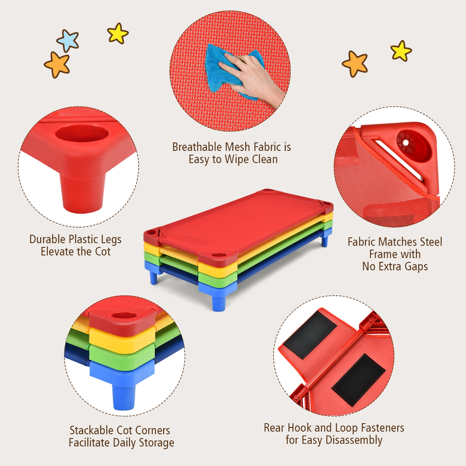 Costway Pack of 4 Kids Stackable Naptime Cot 51''Lx23''W Daycare Rest Mat Colorful