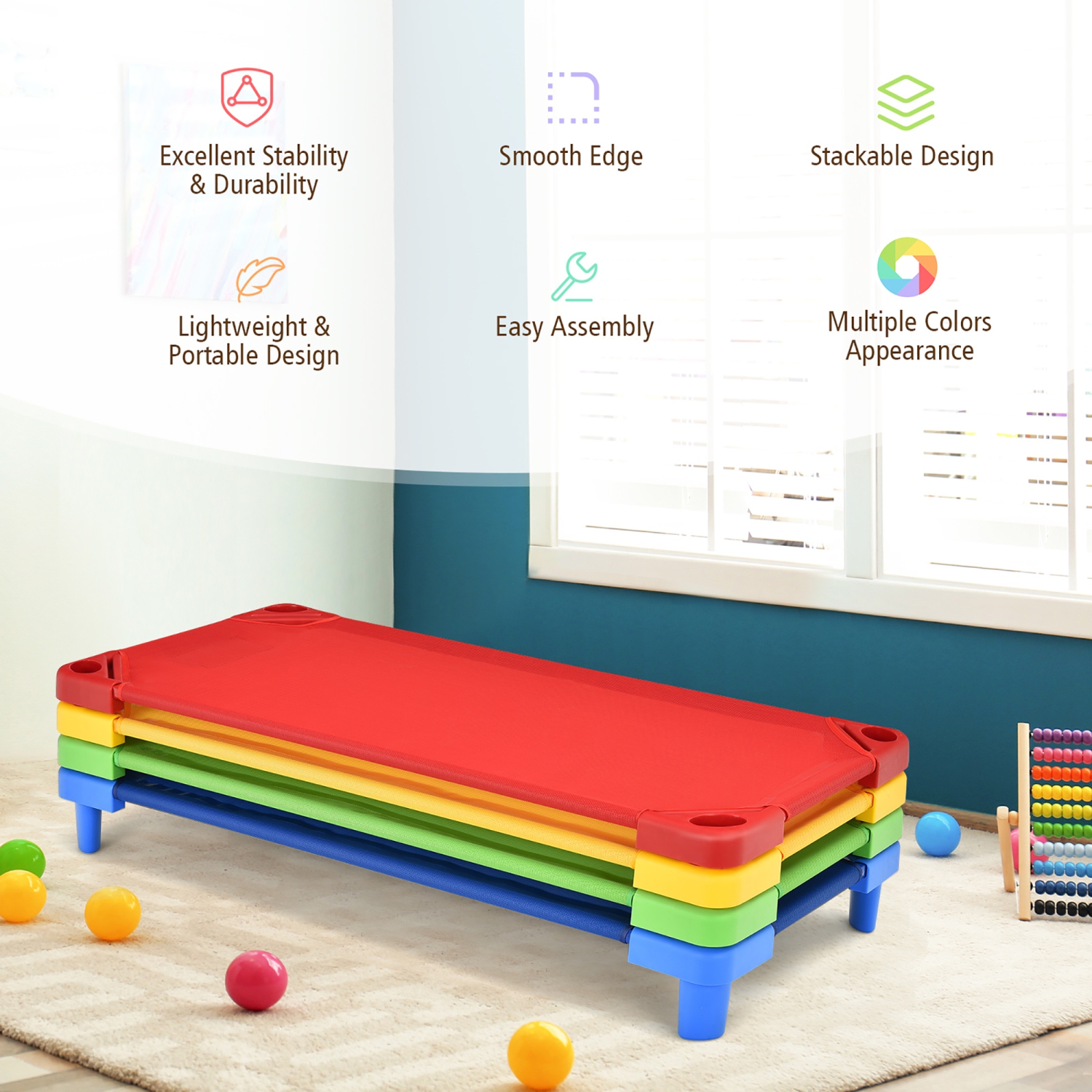 Costway Pack of 4 Kids Stackable Naptime Cot 51''Lx23''W Daycare Rest Mat Colorful