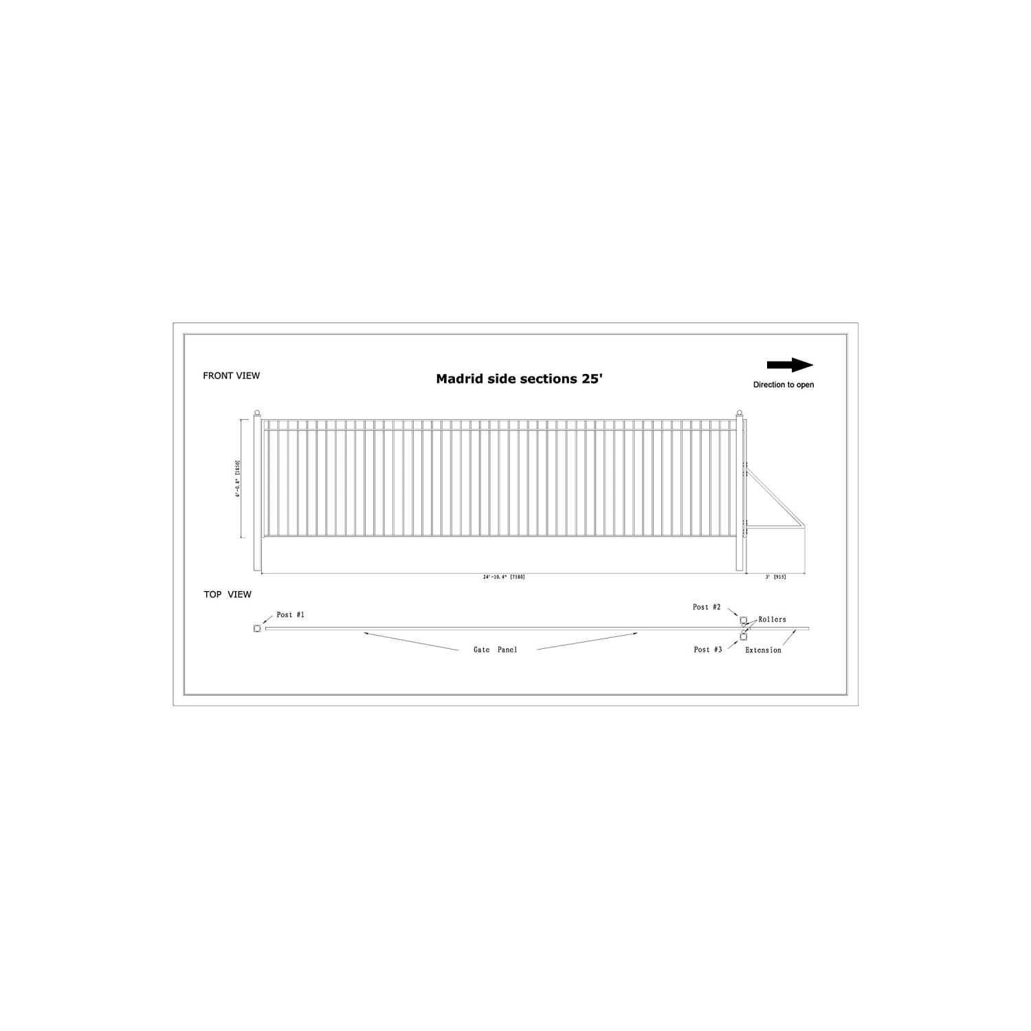 ALEKO DG25MADSSLPED Madrid Style Single Slide Black Iron Wrought Gate Driveway Gates 25 Feet with Pedestrian Gate