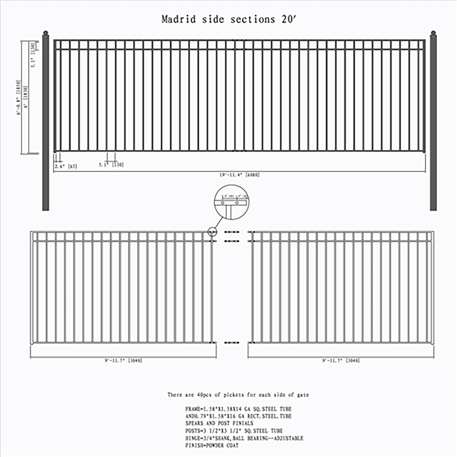 ALEKO DG20MADSSLPED Madrid Style Single Slide Black Iron Wrought Gate Driveway Gates 20 Feet with Pedestrian Gate