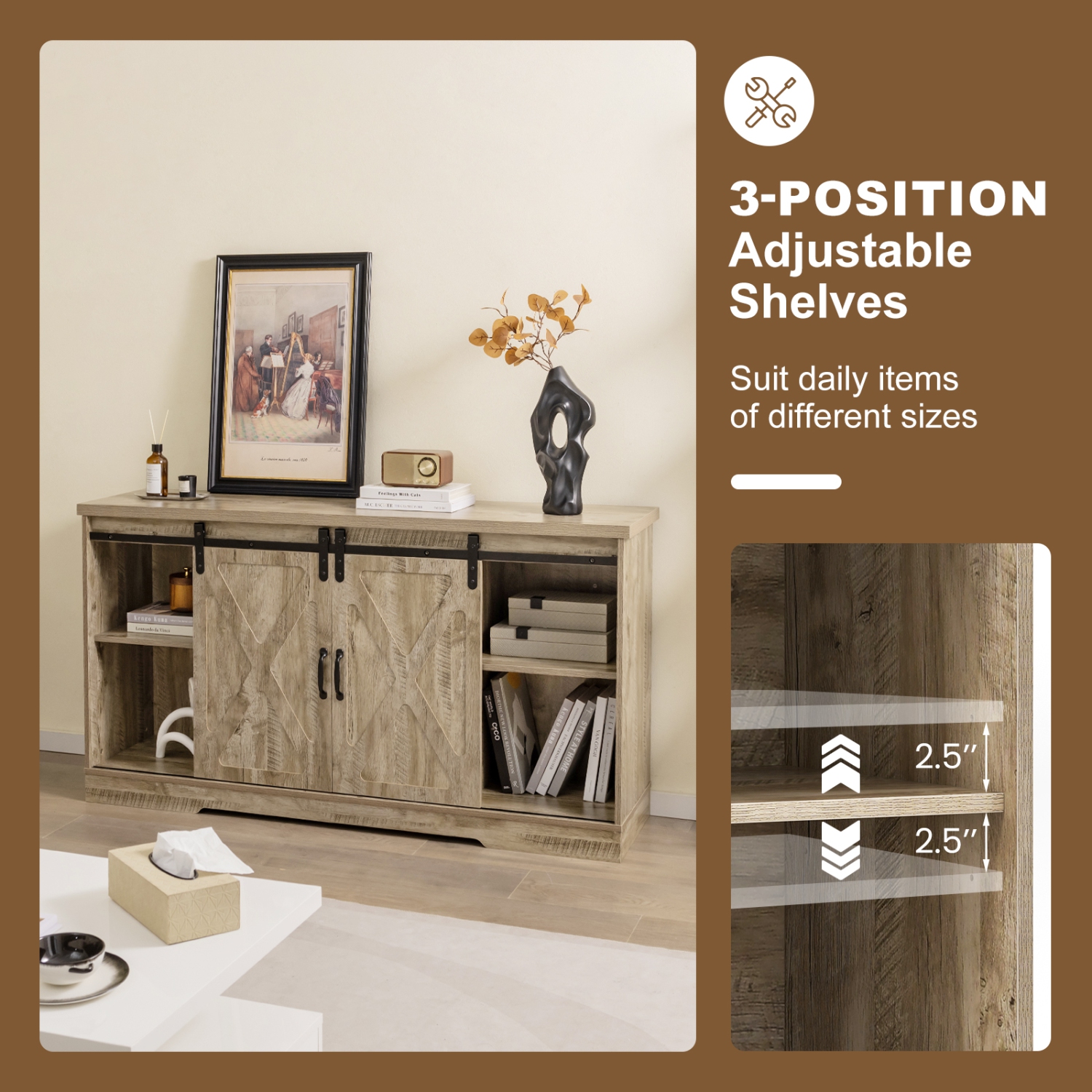 Costway 59'' Farmhouse TV Stand Sliding Barn Door Cabinet w/ Adjustable Shelf