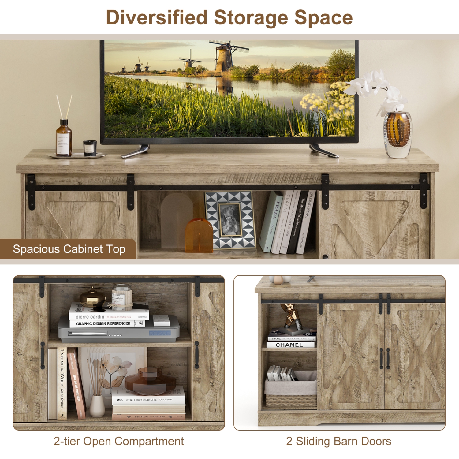 Costway 59'' Farmhouse TV Stand Sliding Barn Door Cabinet w/ Adjustable Shelf