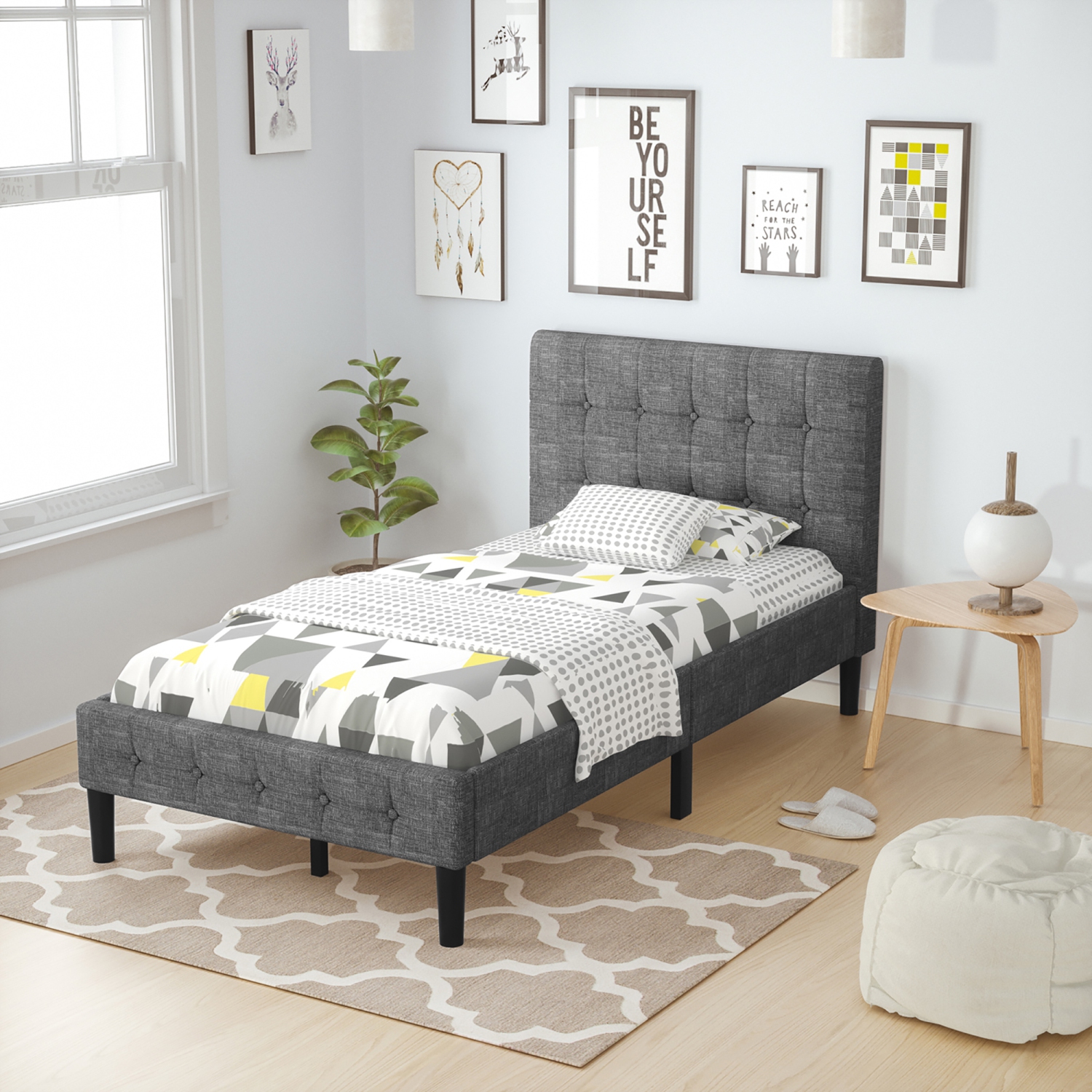 Costway Twin Upholstered Bed Frame Button Tufted Headboard Mattress Foundation