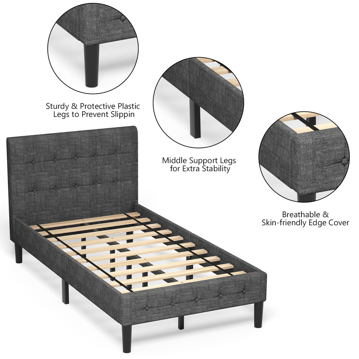 Costway Twin Upholstered Bed Frame Button Tufted Headboard Mattress Foundation