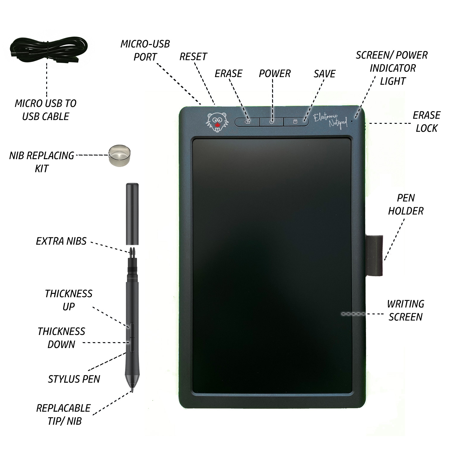 BeaverPad Tablette d'écriture LCD (eWriter) et tablette graphique 10 avec  fonction de sauvegarde, mémoire et Bluetooth