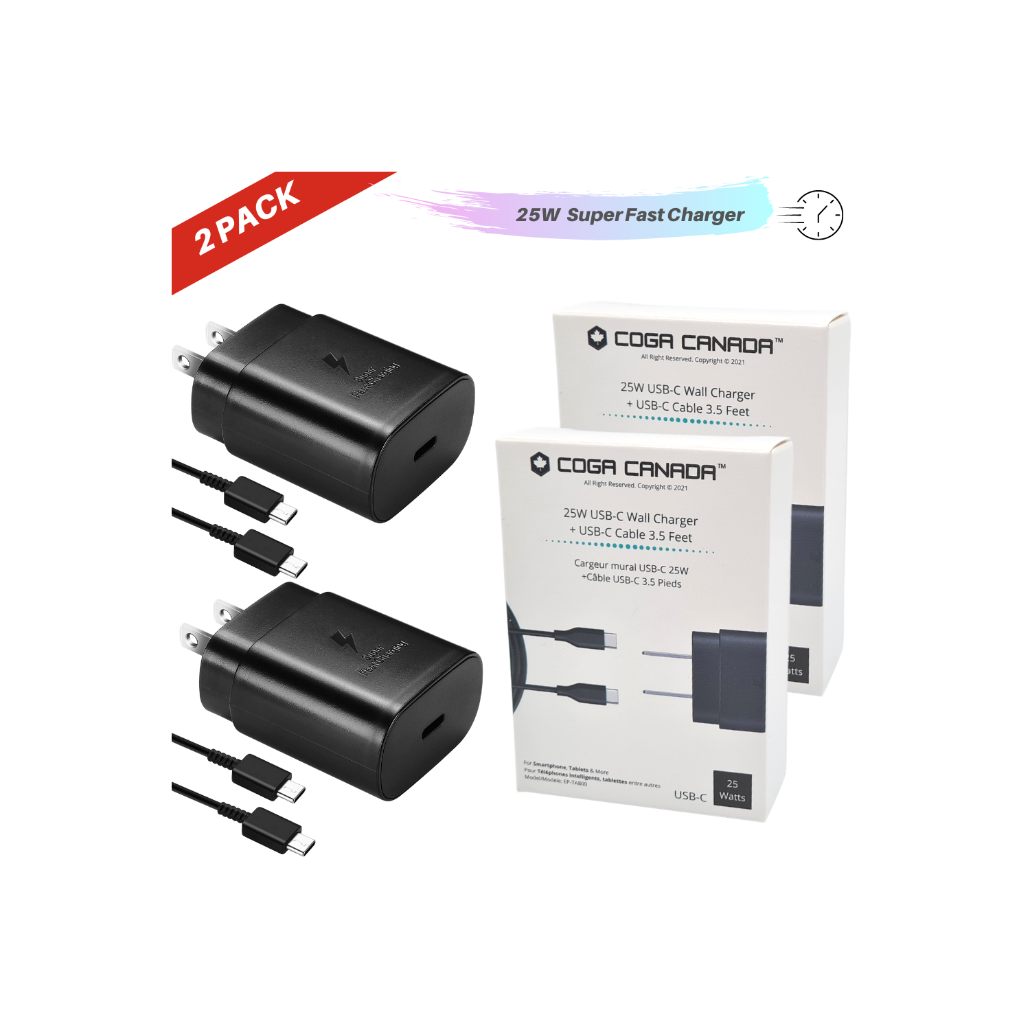 COGA Canada - [2 PACK] - 25W Super Fast Wall Charger + USB-C 3.5 Cable Samsung Galaxy S20/S21/S21+/S21Ultra/S10 5G /Note 10/Note 10 Plus/Note 20/S9 S8/S10e,iPad Pro 12.9/11,Google Pixel 3a 4 3 2 XL