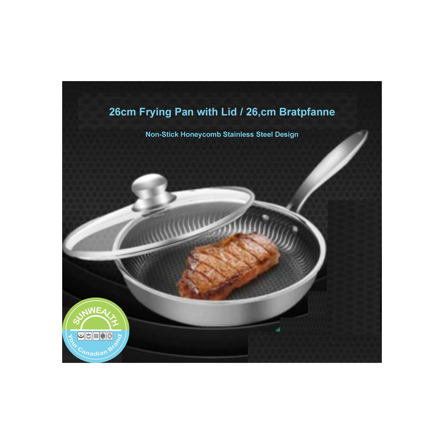 Sunwealth 304 Stainless Steel Full Honeycomb Raised 26cm Frying Pan. Bonus: Wood Spatula