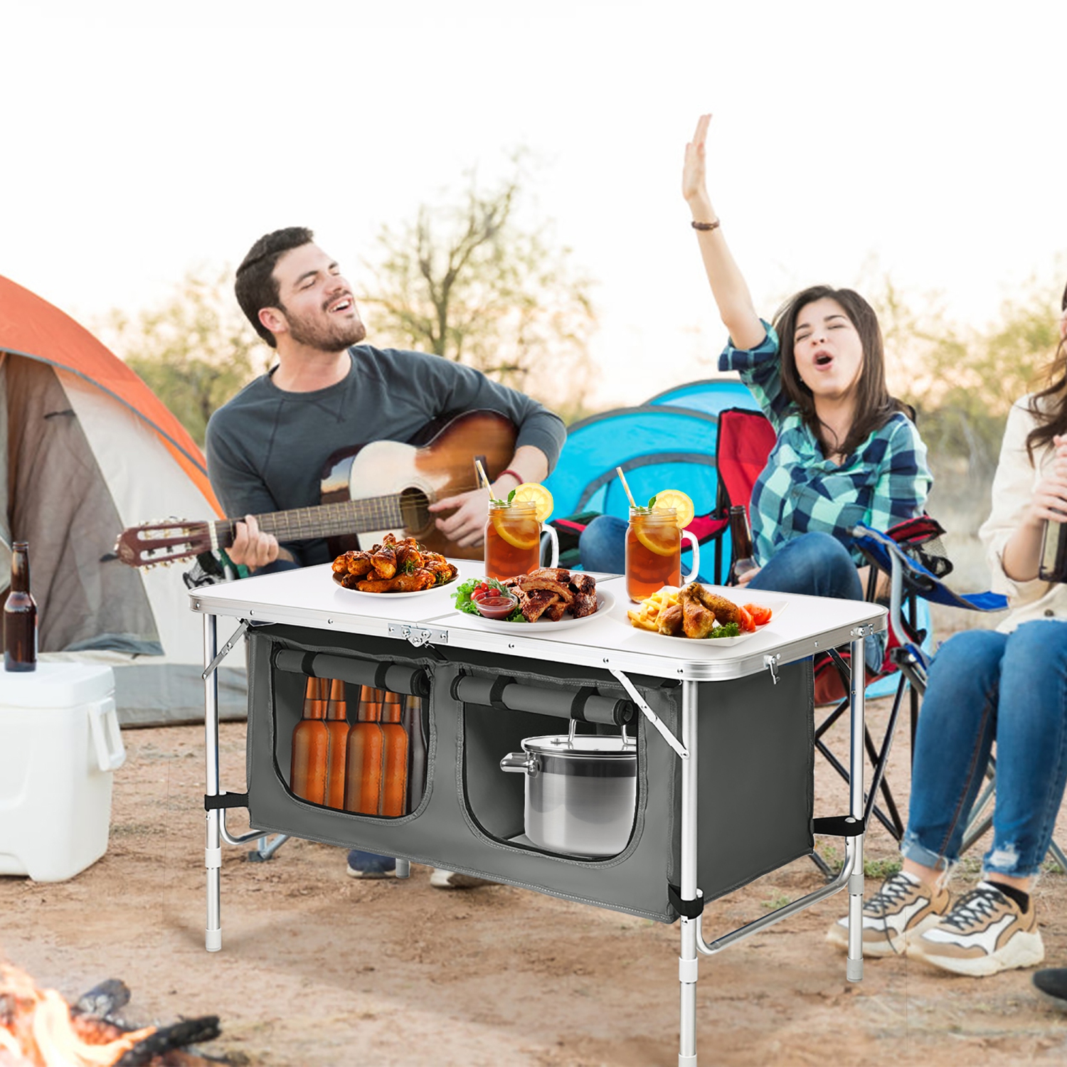 Costway Adjustable Camping Table Aluminum w/ Storage Organizer