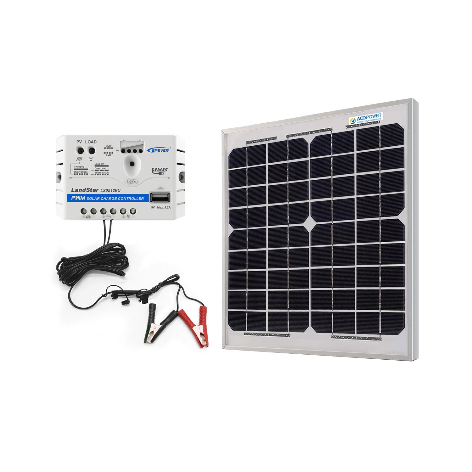 Trousse avec chargeur solaire 10 W 12 V d’ACOPOWER, contrôleur de charge 5 a avec pinces crocodiles