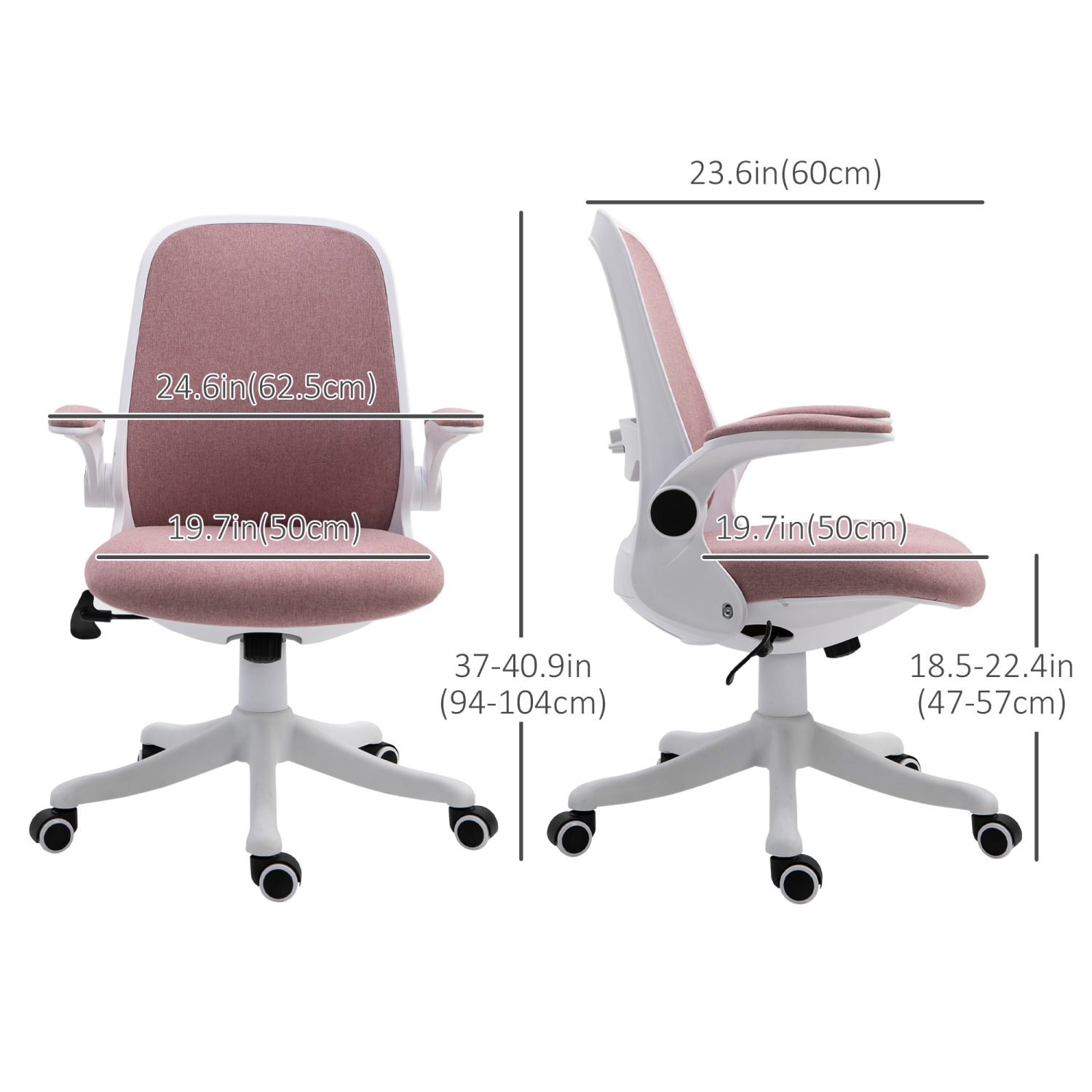 Fauteuil de bureau pivotant à 360° en tissu Vinsetto, fauteuil d’ordinateur avec accoudoirs rabattables et hauteur réglable, rose