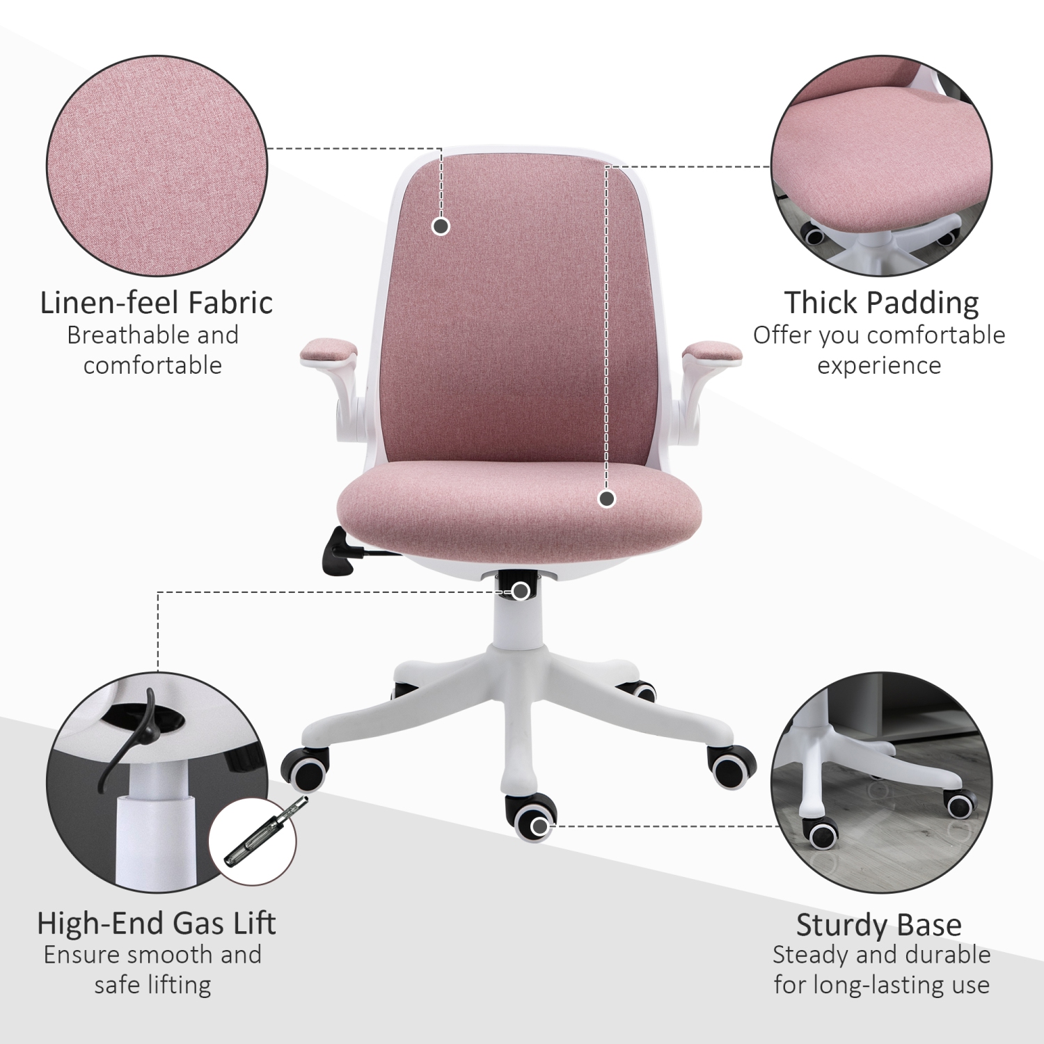 Fauteuil de bureau pivotant à 360° en tissu Vinsetto, fauteuil d’ordinateur avec accoudoirs rabattables et hauteur réglable, rose